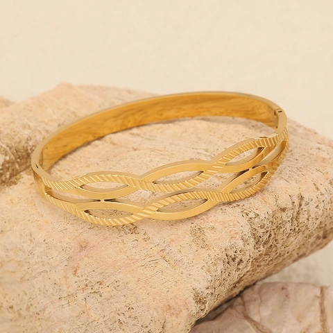Brazalete De Acero Inoxidable Color Dorado Calado Diseño De Hoja Geométrica Joyería De Moda Elegante Para Mujeres