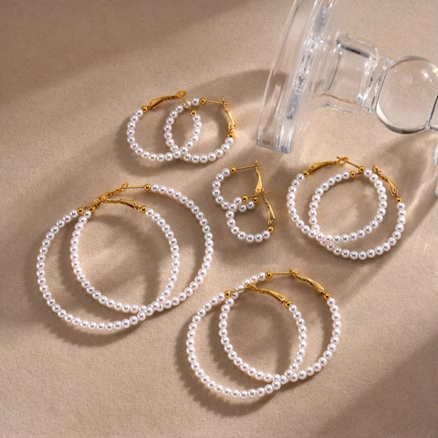 Boucles D'oreilles Créoles Künstliche Perles Simulées Acier Inoxydable Plaqué Or Forme C Bijoux Géométriques Pour Femmes Élégant Style Ins