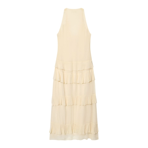 Women Elegant Chiffon Maxi Dress Deep V Neck Sleeveless Layered Ruffles Tiered Cake Long Dress Party Clubwear Sexy Summer