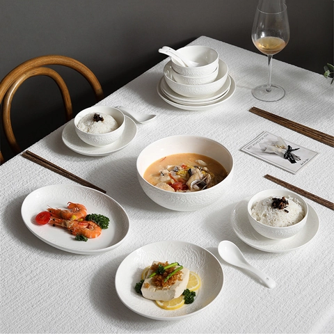 Vaisselle En Céramique Blanche Relief Gaufré Porcelaine Bols Assiettes Cuillères Élégante Cuisine