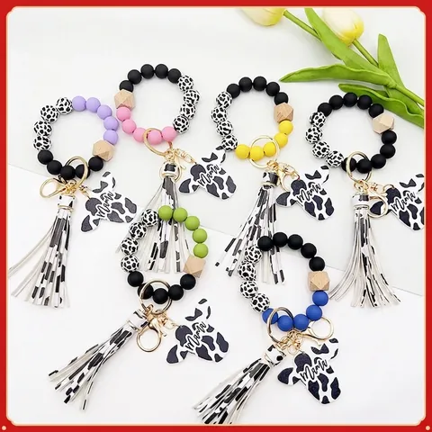 Silicone Wood Bead Keychain Wristlet Cow Print Tassel Mama Letter Cow Head Charm Western Style Jewelry For Women