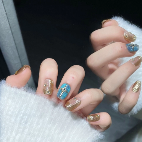 Handmade Press On Nails Blue Cat Eye Star Moon Myth Rhinestone Cross Charm Vintage Luxury Artificial Nails