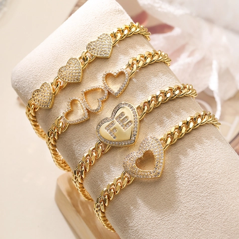 Heart Pendant Bracelet 18K Gold Plated Copper Zircon Cuban Link Chain Fashion Jewelry For Women