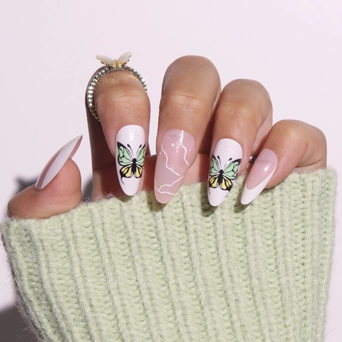 French Butterfly Press On Nails Almond Shape Pink Marble Texture Plastic False Nails For Women Elegant