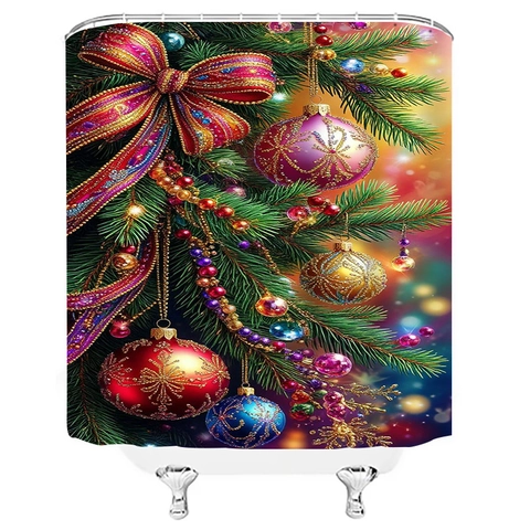 Christmas Shower Curtain Waterproof Polyester Fabric With Hooks 3D Digital Printed Winter Snowy Cottage Moon Decor Bathroom