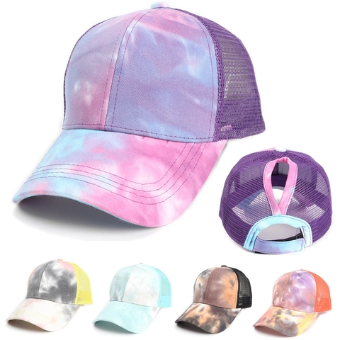 Ponytail Baseball Cap Tie-Dye Mesh Trucker Hat Breathable Cotton Nylon Sunshade Adjustable Women Outdoor