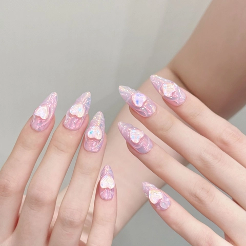 Uñas Postizas de Presión Hechas a Mano Rosa Aurora Forma de Almendra Mediana Estrás de Corazón 3D Reutilizables Set de Manicura