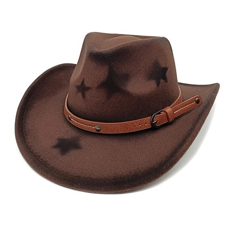Vintage Western Cowboy Hat Wide Brim Cotton Polyester Star Pattern Faux Leather Belt Buckle Felt Jazz Cap For Men Women
