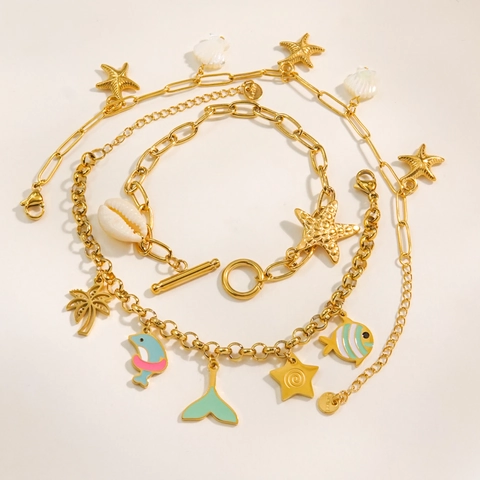 Pulsera de Charms de Acero Inoxidable de Tema Oceánico para Mujer Chapado en Oro Estrella de Mar Concha Delfín Palma Esmalte Joyería de Vacaciones