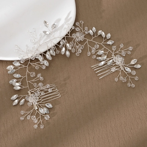 Handgefertigter Silberner Brauthaarkamm Glas Strass Blatt Hochzeit Kopfschmuck Gewebter Blumen Haarrebe Für Damen Formelle Accessoires