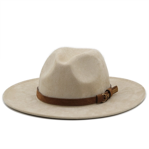 Wide Brim Fedora Hat Faux Suede Vintage Western Cowboy Jazz Style With Decorative Belt And Metal Buckle For Men And Women