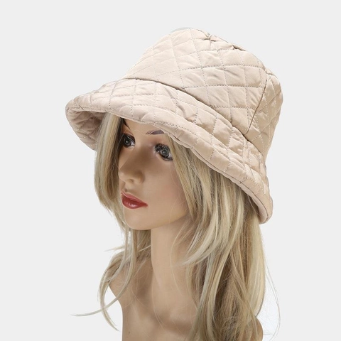 Women Quilted Bucket Hat Diamond Pattern Warm Padded Solid Color Fashion Windproof Lightweight Basin Hat