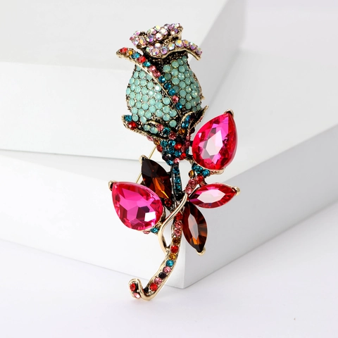 Spilla Fiore Di Rosa Vintage Lega Strass Cristallo Colorato Floreale Corsage Vestiti Spilla Per Donne Gioielli Eleganti