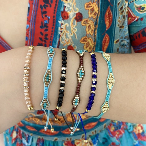 Bohemian Hand-Woven Bracelet With Crystal And Seed Beads Rhinestone Alloy Accents Ethnic Style Jewelry For Women