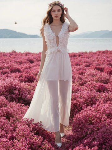 Robe Maxi Blanche À Col En V Profond Sans Manches Volants Dos Nu Mousseline Style Vacances Coupe Slim Élégante Femmes