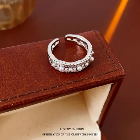 Elegante Anillo Abierto De Onda Hueca Aleación Imitación Perla Artificial Circonita Ajustable Joyería Vintage Regalo Para Mujeres