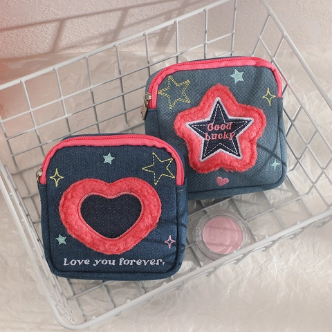Denim Fabric Square Cosmetic Bag Pink Heart Star Embroidery Mini Makeup Storage Pouch Zipper Coin Purse For Girls
