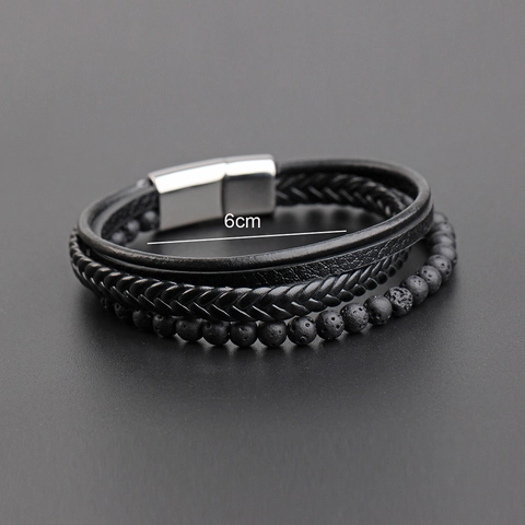 Men Multi Layer Bracelet Handmade Woven Leather Stainless Steel Magnetic Buckle Volcanic Lava Stone Retro Punk Jewelry