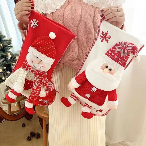 Weihnachtsstrumpf Geschenktüte Gestrickt Plüsch 3D Weihnachtsmann Schneemann Schneeflocke Stickerei Festliche Dekoration