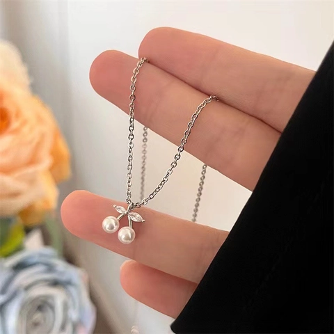 Sweet Cute Cherry Pendant Necklace Copper Zirconia Artificial Pearl Choker Korean Fashion Fruit Neck Chain Jewelry For Women