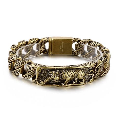 Men Tiger Relief Bracelet 316L Stainless Steel Greek Key Pattern Cuban Link Vintage Hip Hop Jewelry