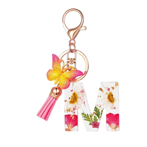 Portachiavi con Lettere in Resina con Fiori Secchi Foglia d'Oro Ciondolo Farfalla Nappa Rosa Anello Portachiavi Oro Rosa Fascino Borsa