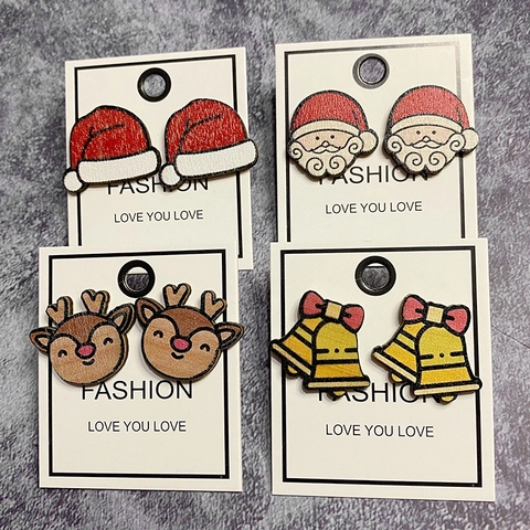 Christmas Stud Earrings Wood Cartoon Gingerbread Snowman Santa Reindeer With Steel Earring Post Cute Festival Jewelry