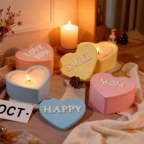 Moule En Silicone En Forme De Cœur Boîte De Rangement Avec Couvercle Lettres Gravées Pour DIY Résine Bougie Plâtre Artisanat