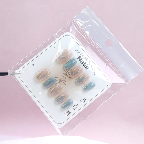 Handmade Press On Nails Cat Eye Mermaid Tail Aurora Shimmering Gilded 3D Water Ripple Shell Texture Square Shape Elegant