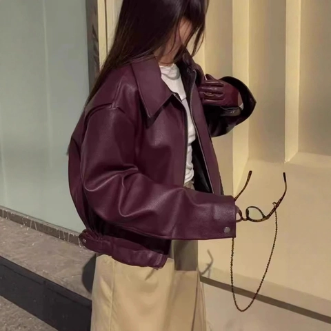 Γυναικείο Δερμάτινο Μπουφάν PU Faux Oversized Moto Style Πέτο Φερμουάρ Μακρυμάνικο Streetwear Παλτό