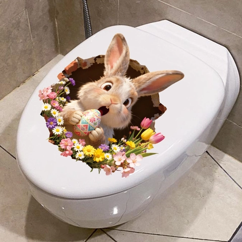 Easter 3D Wall Stickers PVC Cartoon Rabbit Floral Easter Egg Decals Waterproof Removable Bathroom Toilet Home Decor