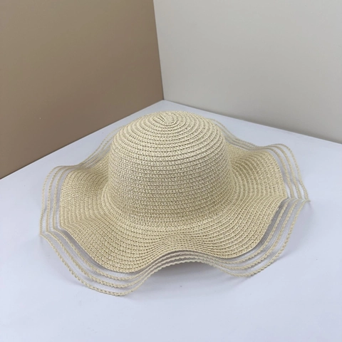 Women Summer Straw Sun Hat Large Wavy Brim Mesh Stripe Woven Round Top Elegant Beach Vacation UV Protection Windproof Rope
