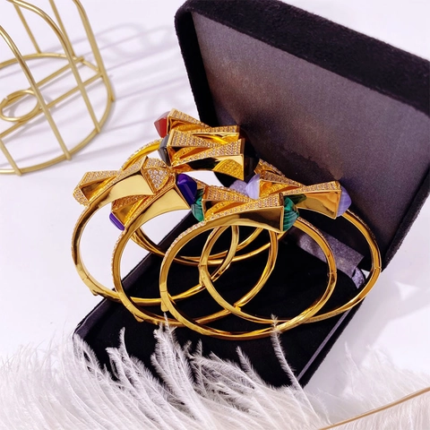 Luxury Geometric Fan Shaped Open Bangle For Women Gold Plated Copper Colorful Stone Inlaid Zirconia Party Jewelry Gift