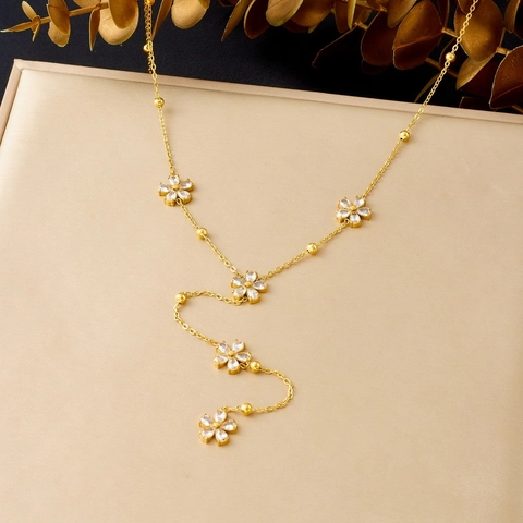 Collar Con Colgante De Flor En Forma De Y Con Borla De Acero Inoxidable Chapado En Oro Joyería Elegante