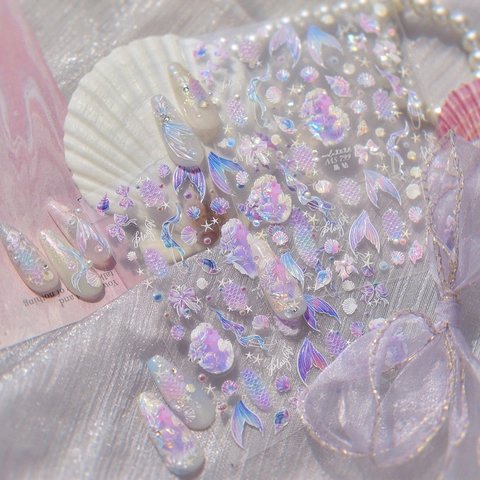 5D Embossed Mermaid Nail Art Stickers Aurora Laser Ocean Shell Fish Tail DIY Manicure Decoration PET