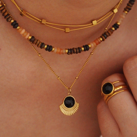Schwarzer Achat Anhänger Halskette Edelstahl 14K Vergoldet Geometrische Mond Sonne Vintage Boho Schmuck Für Damen