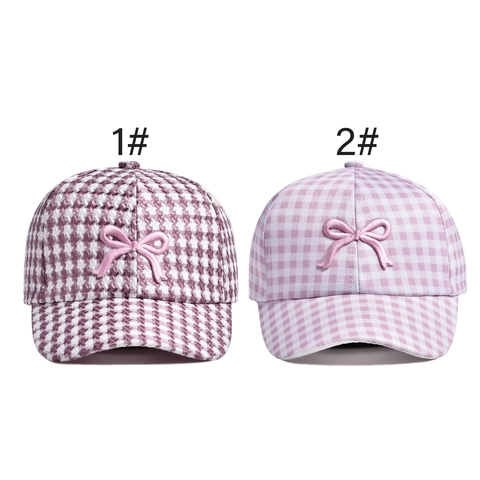 Kids Cotton Baseball Cap Houndstooth Plaid Pattern Dimensional Bow Decoration Sun Hat Adjustable For Girls Sweet Retro