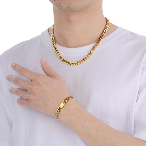 Miami Cuban Link Necklace And Bracelet Stainless Steel Hip Hop Style Trendy Jewelry For Men Unisex Cool Simple Design