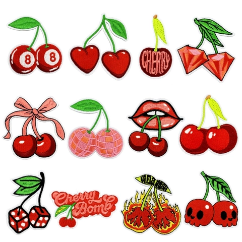 Toppe Ricamate Ciliegia Da Stirare Design Frutta Cartoni Animati Per Vestiti Decorazione Fai Da Te Filo Poliestere Rosso Verde Stile Punk