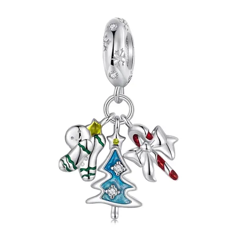 Christmas Charms Bead 925 Sterling Silver Enamel Zircon Gingerbread Man Christmas Tree Candy Cane Festive Jewelry Accessory