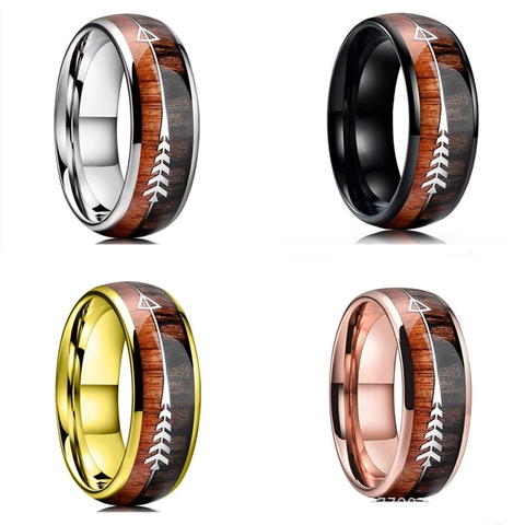 Stainless Steel Ring With Wood Inlay Arrow Pattern Retro Fashion Jewelry Band For Men And Women