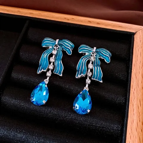 Orecchini Pendenti Con Fiocco Goccia D'acqua Blu Stile Palazzo Vintage Con Perno In Argento Lega Cristallo Strass Per Donna