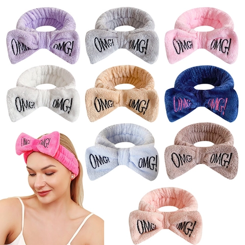OMG Letter Embroidery Bowknot Headband Coral Fleece Soft Elastic Hair Band For Washing Face Makeup Skincare For Women Girls