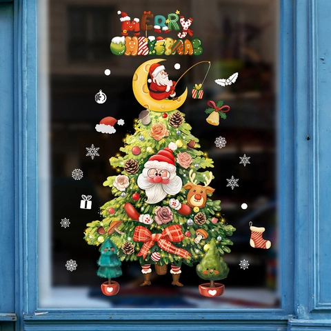 Christmas Window Stickers PVC Electrostatic Santa Claus Reindeer Tree Decals For Glass Display Home Holiday Decoration