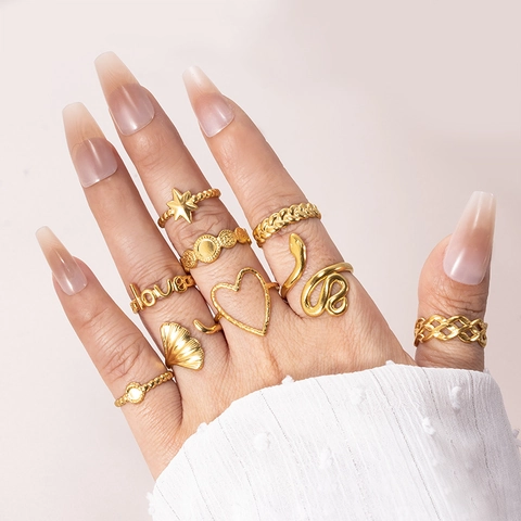 Stainless Steel Ring Gold Color Adjustable Open Snake Heart Ginkgo Leaf Star Love Fashion Minimalist Jewelry For Women