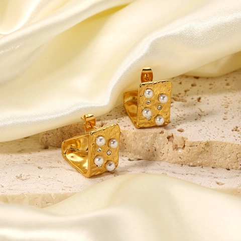 Pendientes De Aro Cuadrados Martillados Acero Inoxidable Chapado En Oro De 18K Con Perla Artificial Sintética Strass Joyería Geométrica Mujer