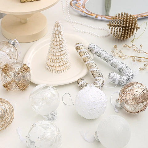 Champagne Gold White Christmas Ornaments Glitter Artificial Pearl Hanging Pendants Tree Decoration Party Holiday Elegant Style