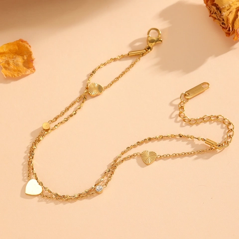Zweilagiges Herz Anhänger Armband Edelstahl Zirkonia Eingelegt Elegant Vielseitig Modeschmuck Für Damen Gold