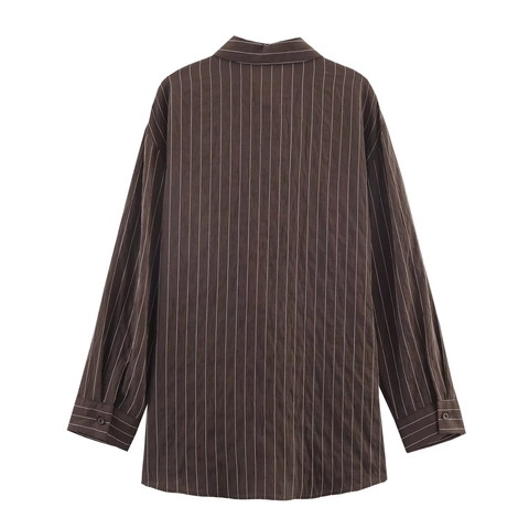 Langarm Gestreiftes Hemd Damen Dunkelbraun Popeline Bluse Mit Seitlicher Schnalle Gürtel Dekoration Casual Revers Tops