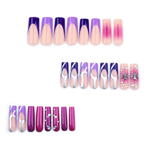 French Purple Press On Nails Gothic Cross Metal Decor Rhinestones Silver Stripe Long Square Artificial Finger Nails